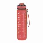 Red water bottle with a strap and motivational time markings.