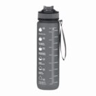 Gray motivational water bottle with hourly markers and black strap.