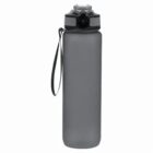 Gray water bottle with a flip-top lid and a carrying strap.