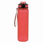 Red water bottle with a black and red lid and a carrying strap.