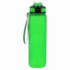 Green water bottle with a black lid and a carrying loop.