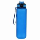 Blue water bottle with black and blue cap and wrist strap, isolated on white background.