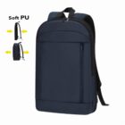 Navy blue backpack with multiple pockets and soft PU material showcases thickness comparison.