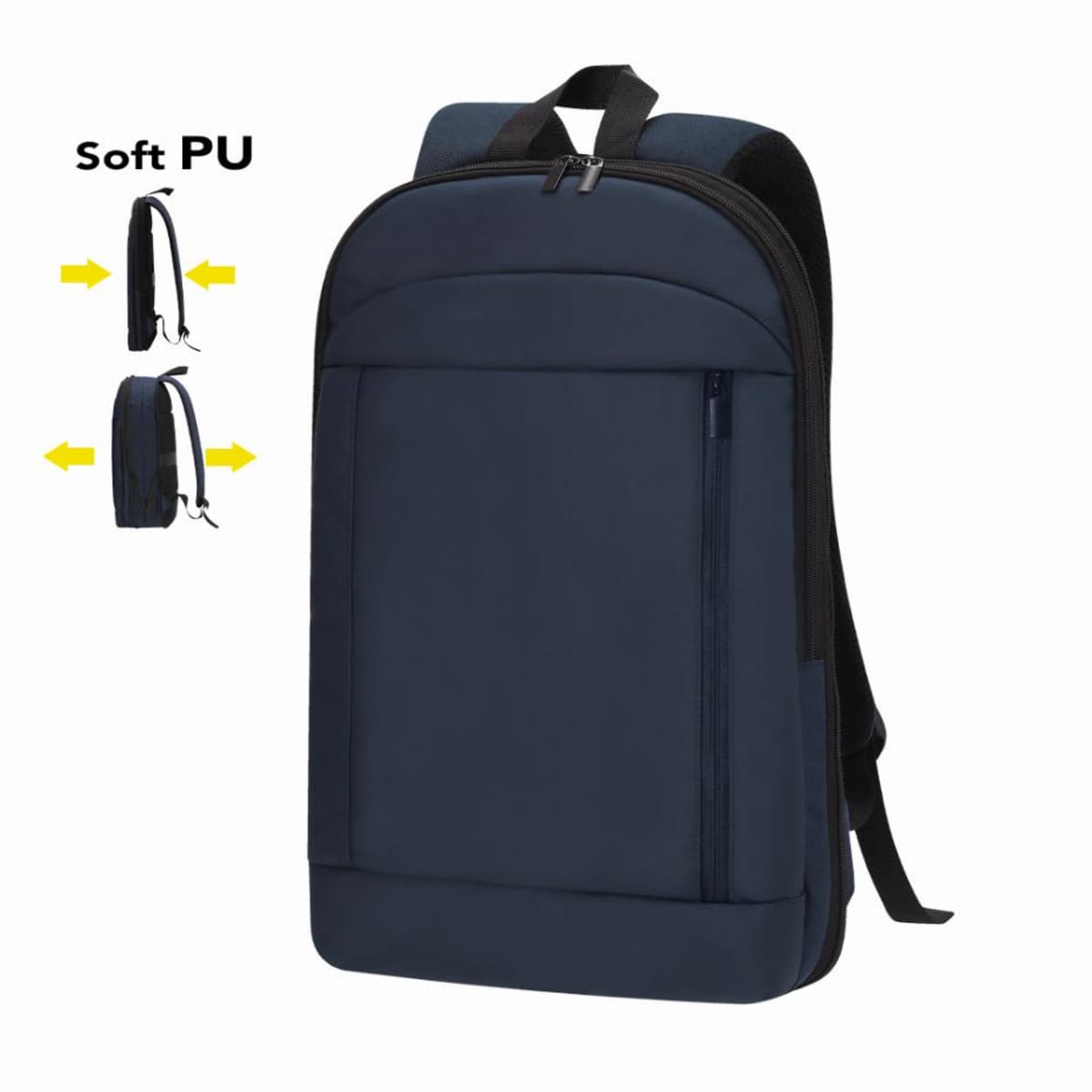 Navy blue backpack with multiple pockets and soft PU material showcases thickness comparison.