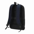 Black and navy blue backpack with two straps and a top handle.