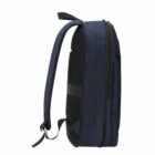 Side view of a navy blue backpack with black accents on a white background.