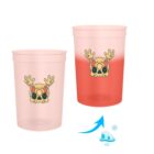 Two cups with a cartoon design; one changes color from pink to red with cold.