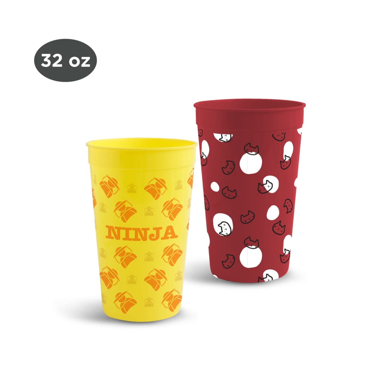 Two colorful 32 oz cups with cartoon patterns on a white background.