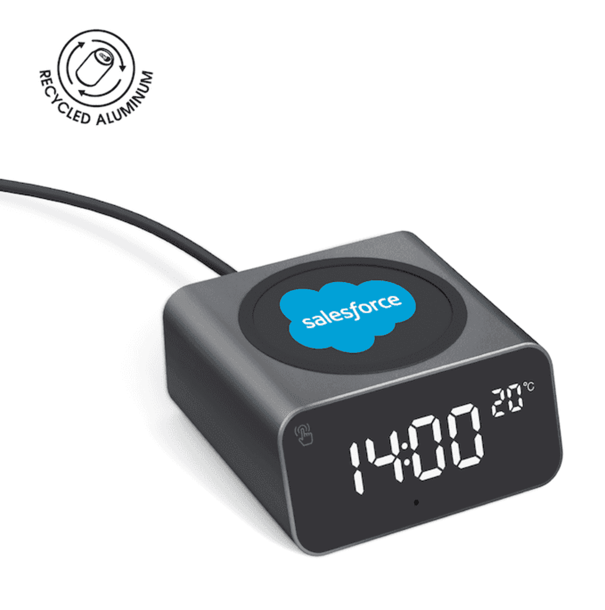 Digital clock with Salesforce logo, recycled aluminum symbol, showing 14:00 and 20°C.