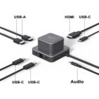 A multi-port charging hub with USB-A, USB-C, HDMI, and audio cables connected.