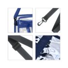 Collage of close-up shots of a clear bag with blue trim and black adjustable strap.