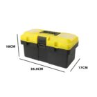 Yellow and black toolbox with dimensions shown: 18cm x 35.5cm x 17cm.