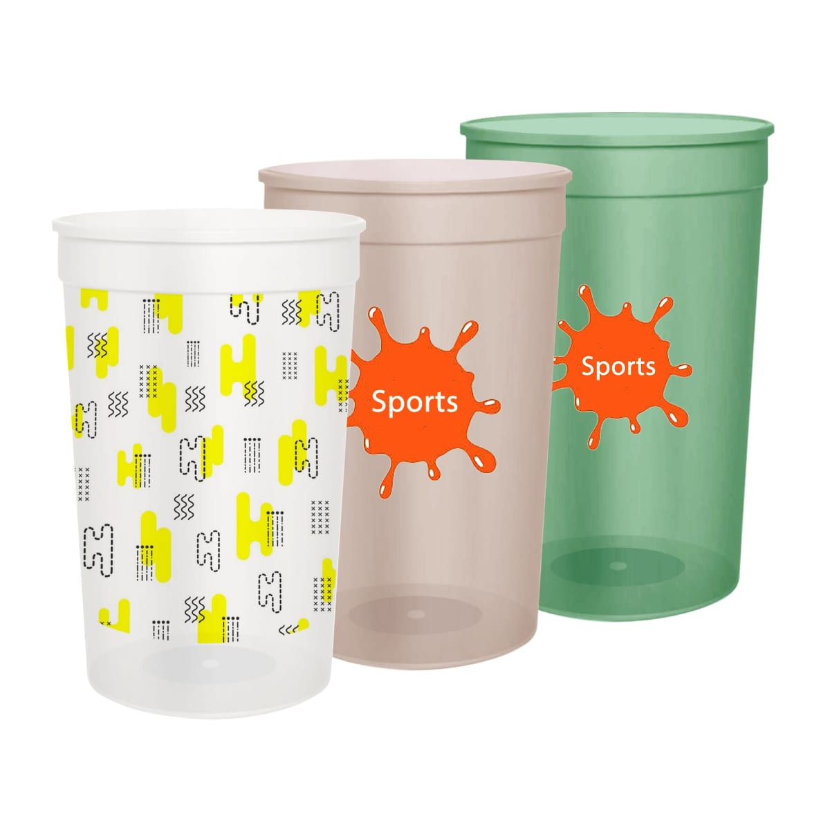 Three colorful sports-themed plastic cups with abstract designs and Sports logos.