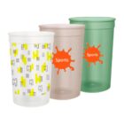 Three colorful cups with Sports logos and geometric patterns on a white background.