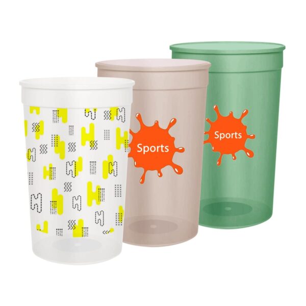 Three colorful cups with Sports logos and geometric patterns on a white background.