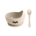 Cream-colored baby bowl with Bilbo! and a matching spoon on a white background.