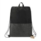 Black and gray drawstring backpack with small brown tag.