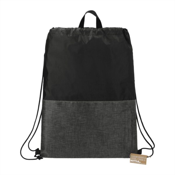 Black and gray drawstring backpack with small brown tag.