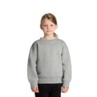 Child wearing a gray sweatshirt and black pants, standing against a white background.