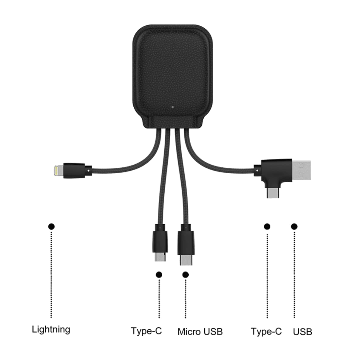 Multi-port charging hub with Lightning, USB-C, Micro USB, Type-C, and USB connectors.