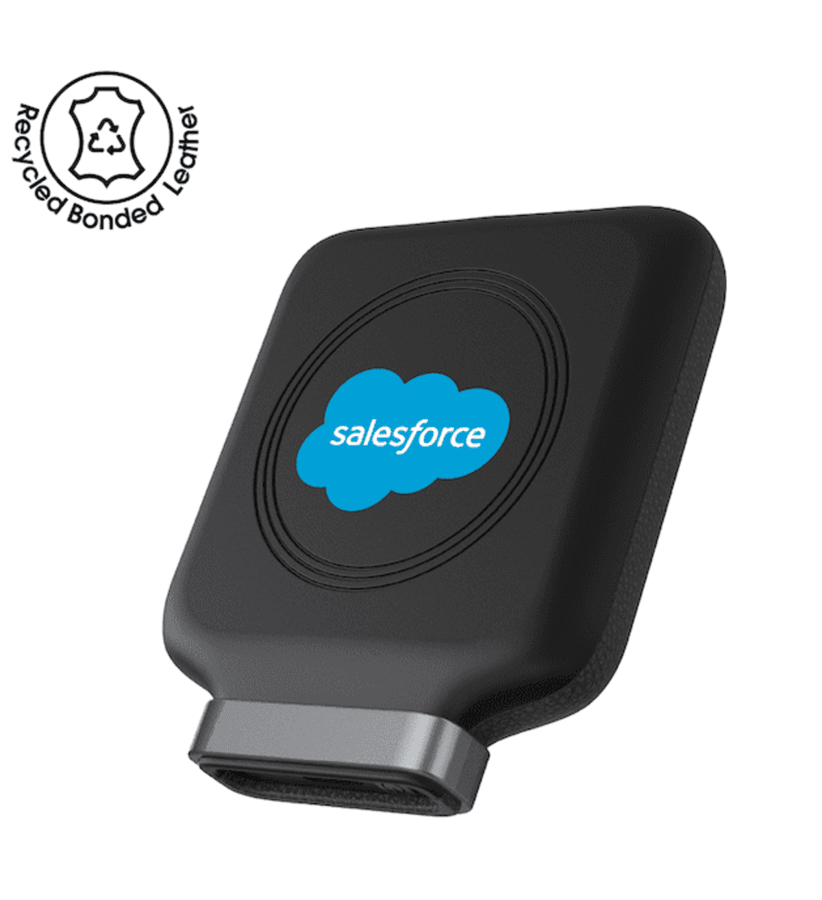 Black wallet with Salesforce logo, recycled bonded leather symbol on top left corner.