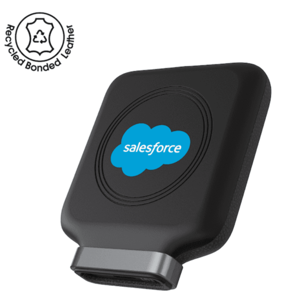 Black phone wallet with a blue cloud logo and Salesforce text. Recycling icon shown.