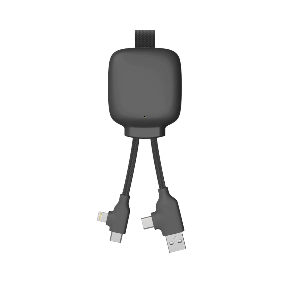 Black multi-connector adapter with USB, micro USB, and Lightning plugs.