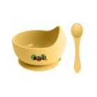 Yellow baby bowl with a matching spoon and Bilbo! logo on the front.