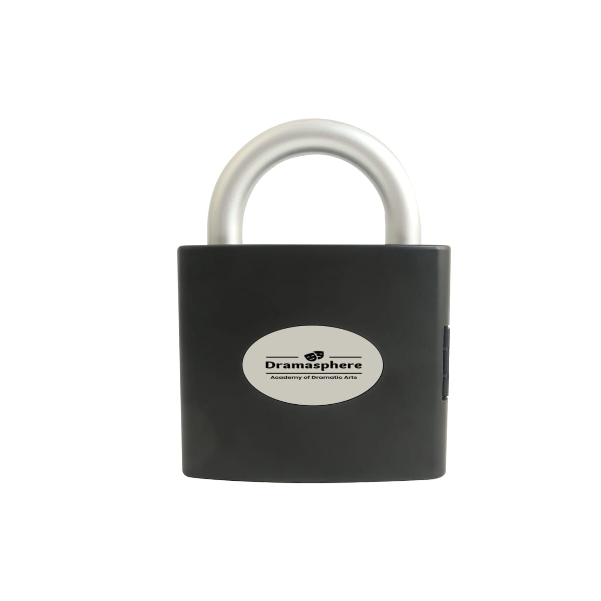 Black padlock with a grey shackle and Dramasphere logo on the front.