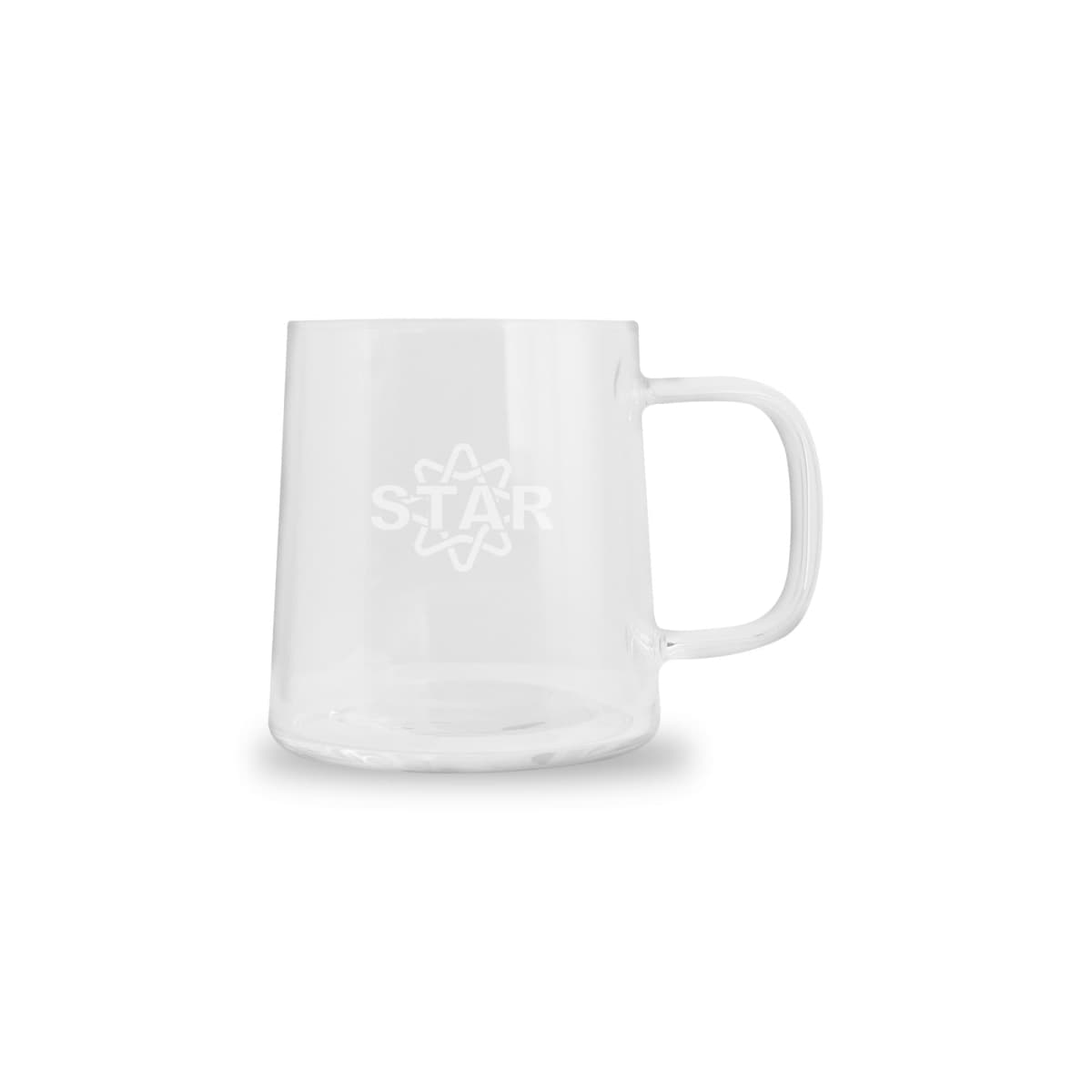 Clear glass mug with STAR and an atom design etched on the front.