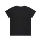 Back view of a plain black T-shirt against a white background.