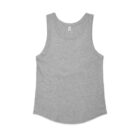 Gray sleeveless tank top with a rounded hem on a white background.