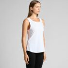 Person in a white tank top and black pants standing against a plain background.