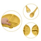 Yellow divided plate, spoon, fork, and suction bases shown in close-up and hand-held views.