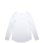 White long-sleeve shirt with a scoop neckline on a plain background.