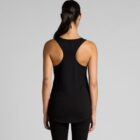 Woman in black tank top and pants, seen from behind against a gray background.