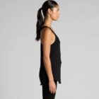 Side profile of a person wearing a black tank top and ponytail against a gray background.