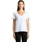 Person in a white V-neck T-shirt and black pants standing against a plain white background.