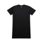 Black, short-sleeve, longline T-shirt on a white background.