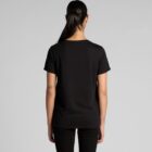 Woman with dark hair in a ponytail wearing a black t-shirt, seen from the back.