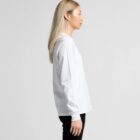 Person with long hair in a white shirt standing sideways against a plain background.