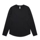 Black long-sleeve crew neck shirt laid flat on a white background.