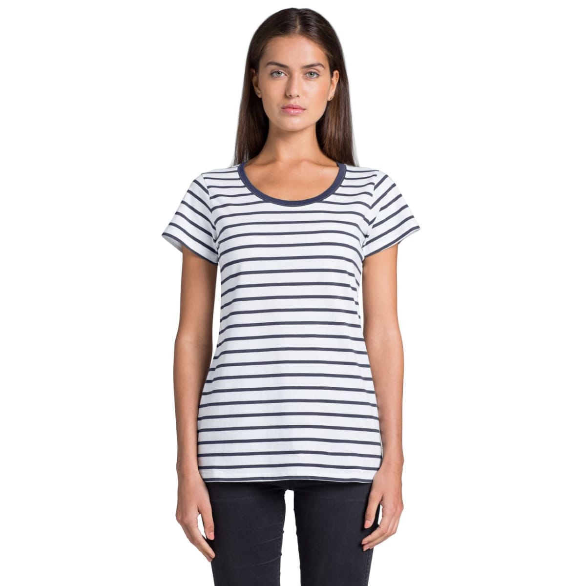 Woman in a striped t-shirt and black pants standing against a white background.
