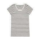 White T-shirt with black horizontal stripes displayed on a plain white background.