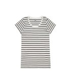 White t-shirt with black horizontal stripes lying flat.