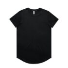 Plain black T-shirt with a curved hem, laid flat on a white background.