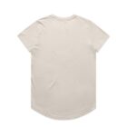 Beige t-shirt with a rounded hem, displayed on a white background, shown from the back.