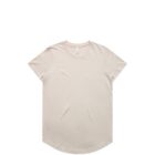 Plain beige T-shirt with a curved hem, laid flat on a white background.