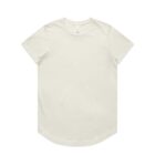 Plain off-white T-shirt with curved hem, displayed on a white background.