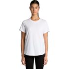 Person wearing a plain white t-shirt and black pants against a white background.